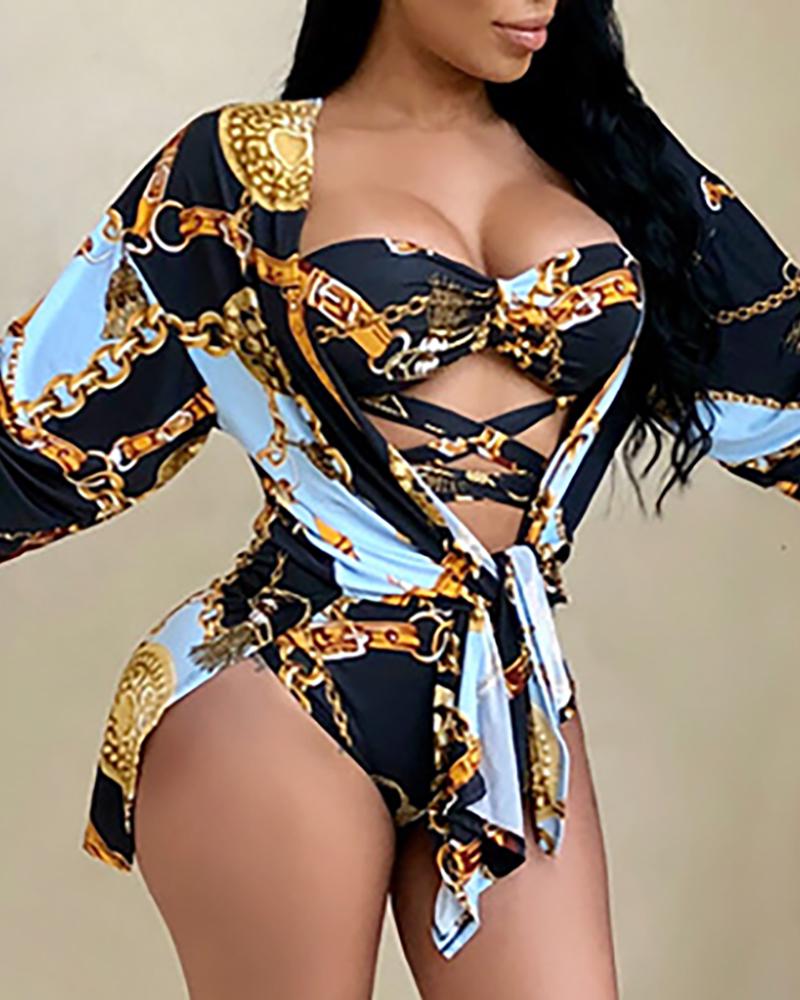 

Chain Print One Piece Swimsuit With Cover Up, Blue