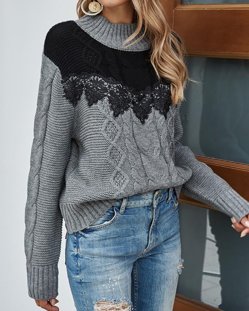 

Colorblock Long Sleeve Lace Contrast Cable Knit Sweater, Gray