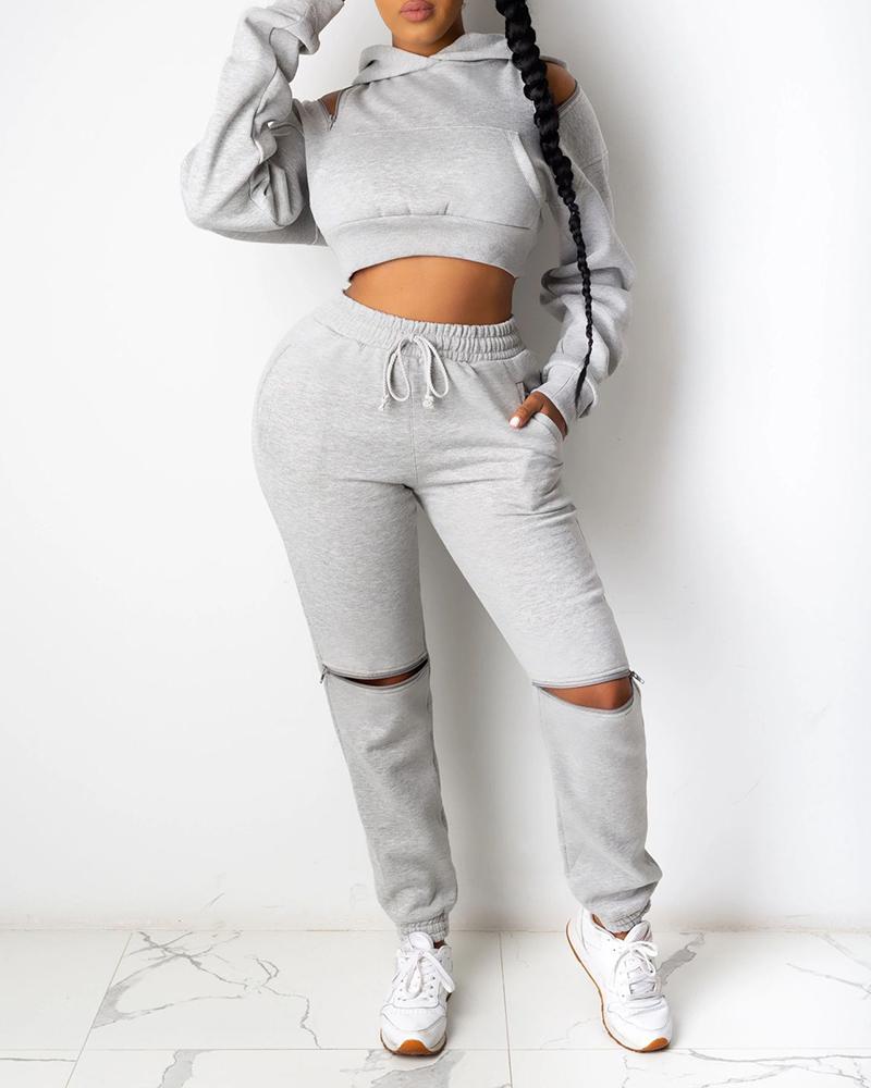 

Cold Shoulder Hooded Crop Top & Drawstring Cutout Pants Set, Gray