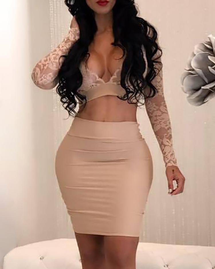 

See Through Lace Cropped Two-Pieces Dress - Beige