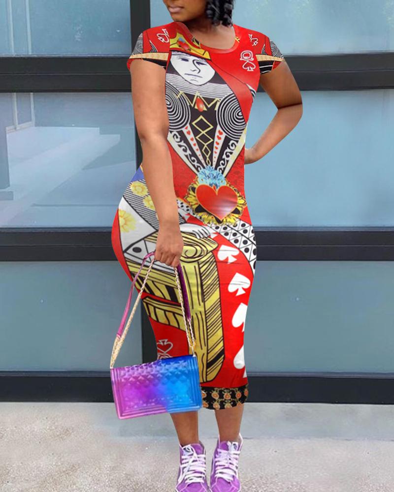 

Poker Print Short Sleeve Maxi Dress, Red