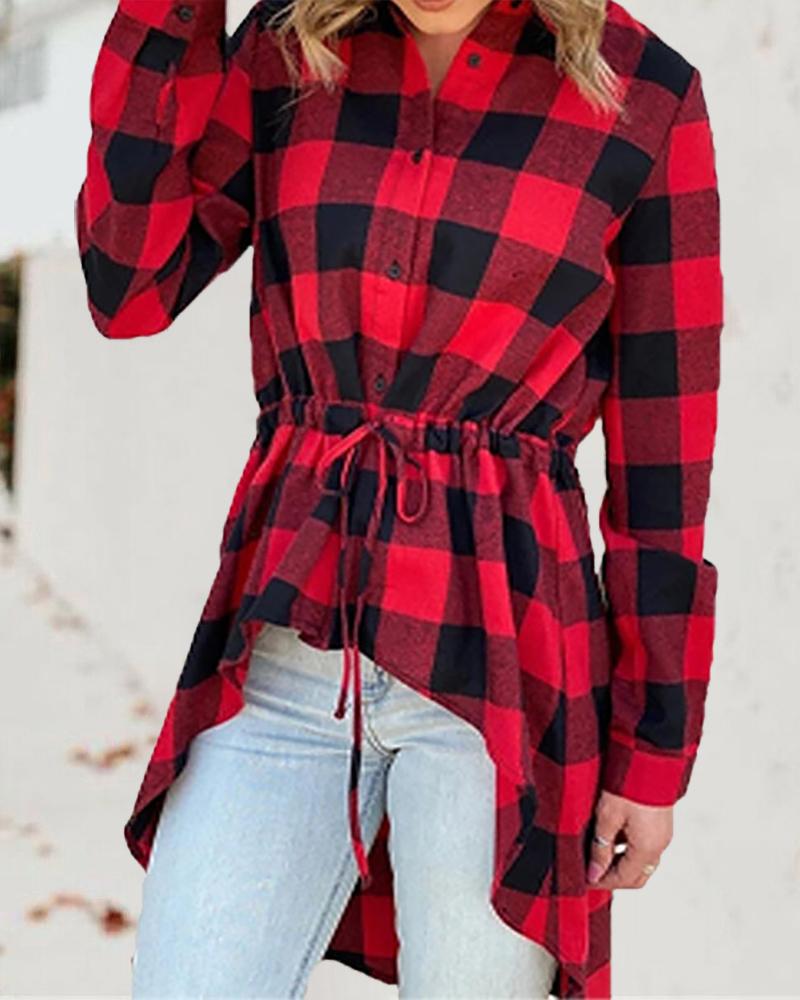 

Button Design Drawstring Waist Dip Hem Plaid Shirt, Red