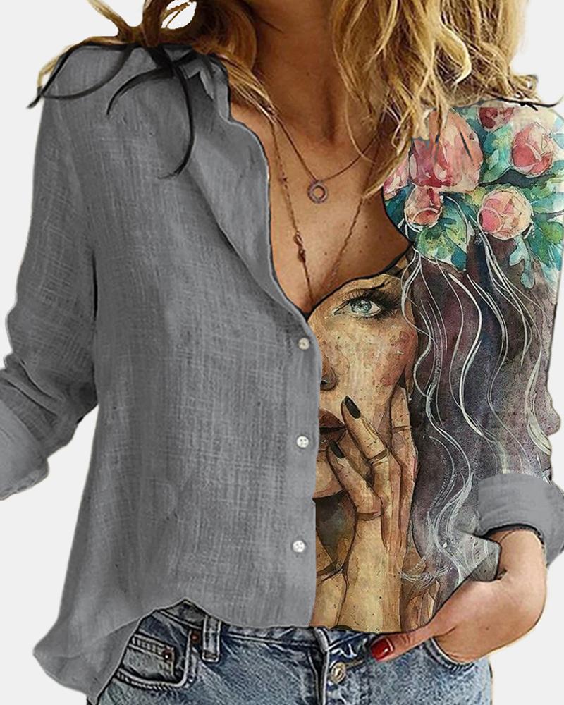 

Figure Print Button Design Shirt, Gray