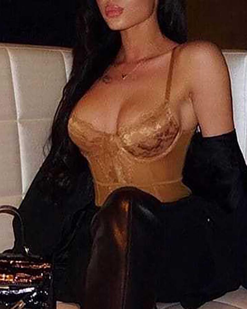 

Crochet Lace Spaghetti Strap Bodysuit, Yellow