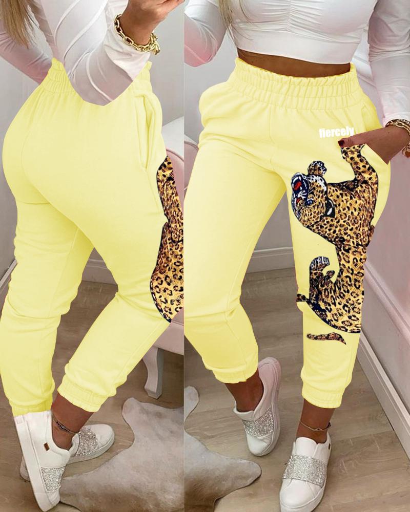 

Pocket Design Leopard Print Casual Pants, Yellow
