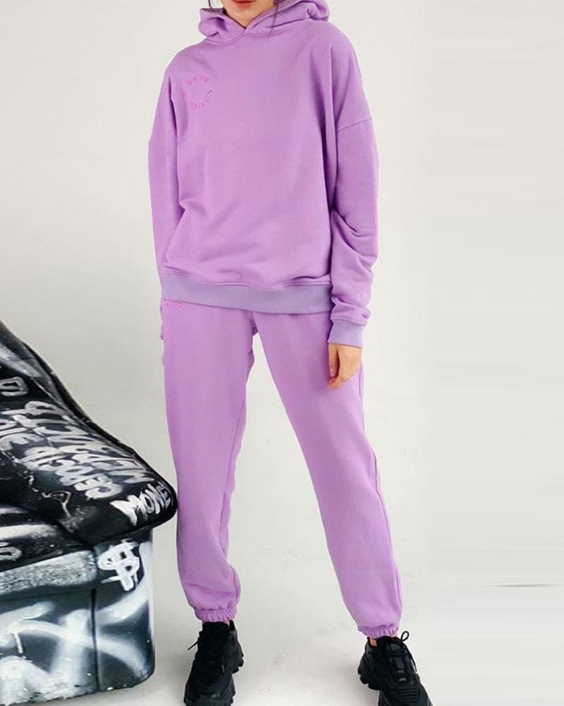 

Letter Pattern Velvet Hooded Top & Pants Set, Purple