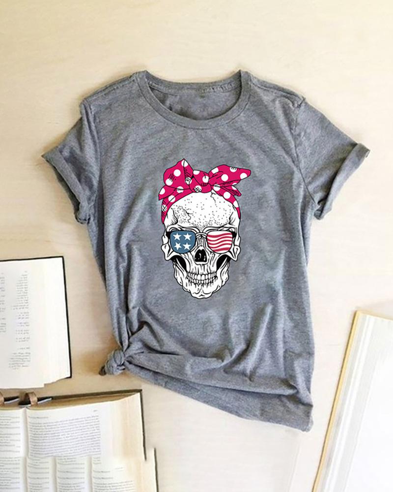 

Skull Star Print Striped Shot Sleeve Casual T-shirt, Gray