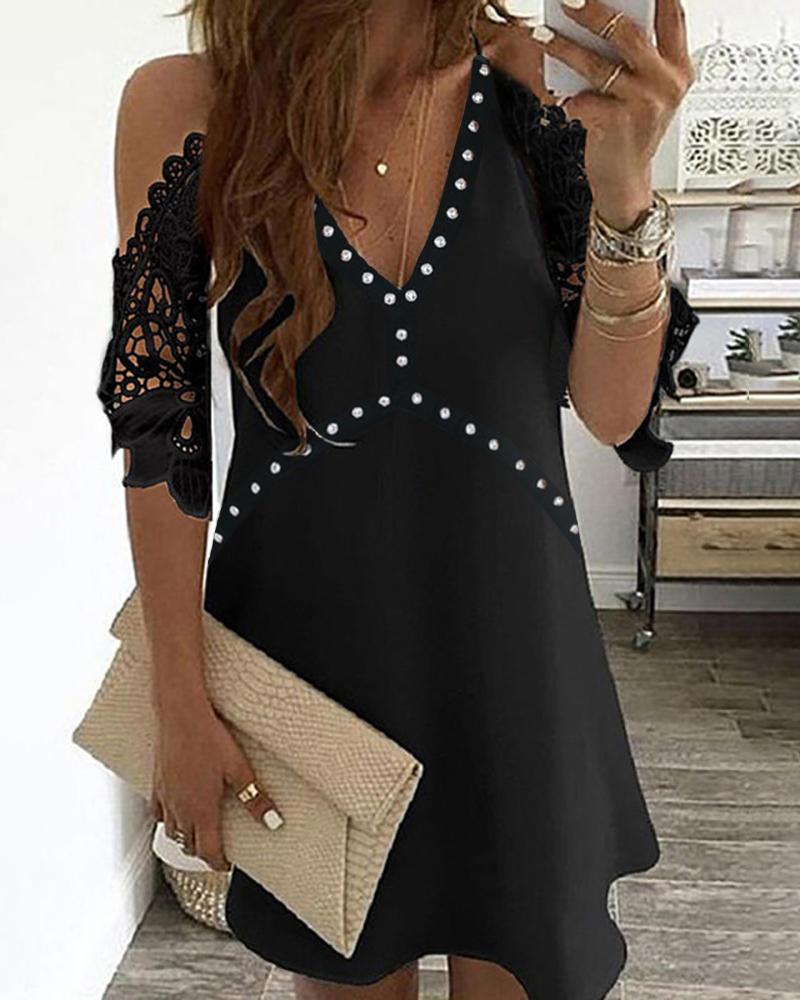 

Studded Cold Shoulder Crochet Lace Dress, Black