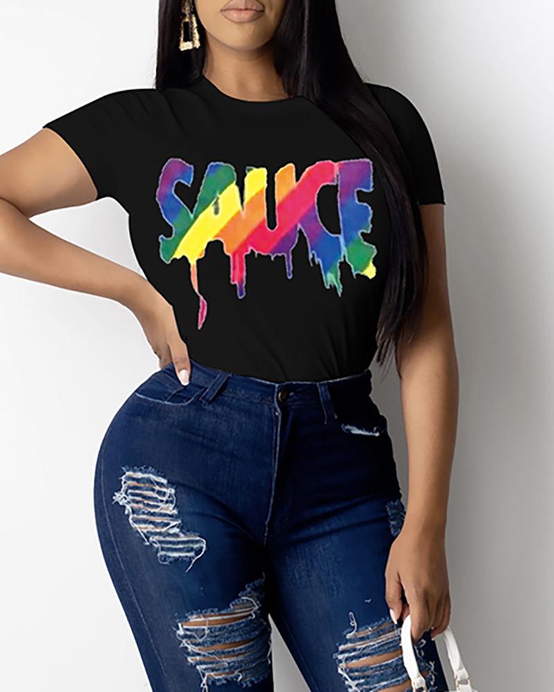 

Letter Print Short Sleeve Casual T-shirt, Black