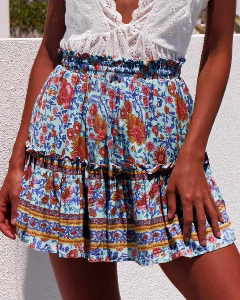 

Floral Print Frill Hem Casual Skirt, Blue