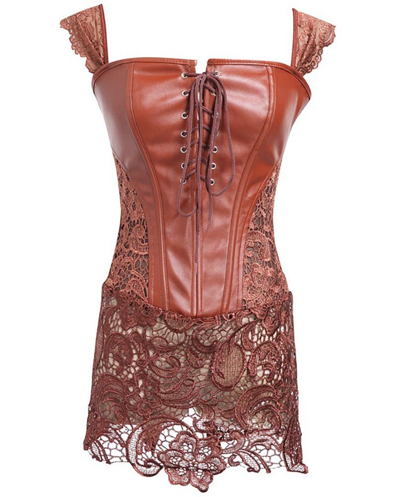 

Plus Size Eyelet Lace-up Lace Trim Corset, Brown