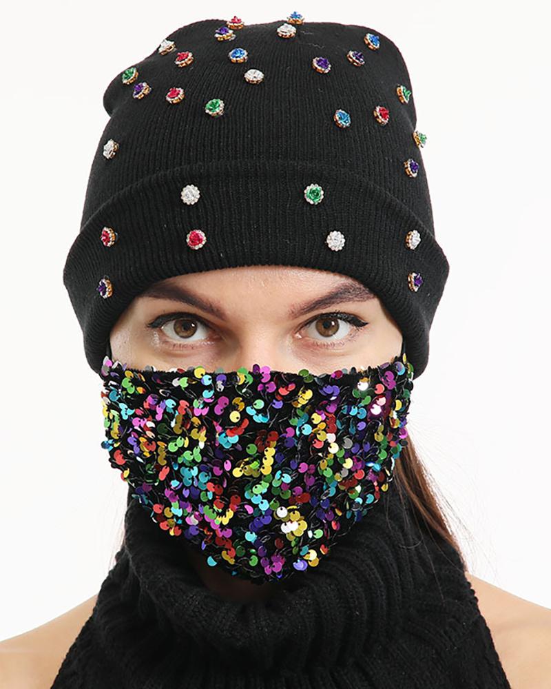 

Studded Cuffed Beanie With Face Mask, Style2
