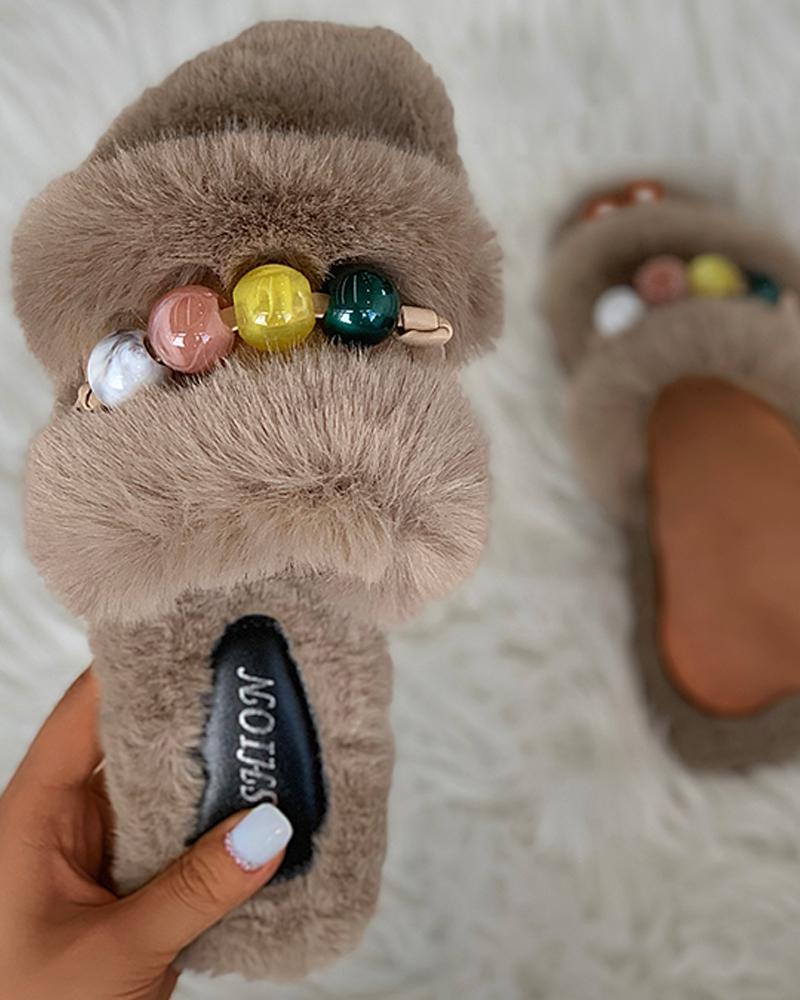 

Colorblock Beaded Fluffy Slippers, Khaki