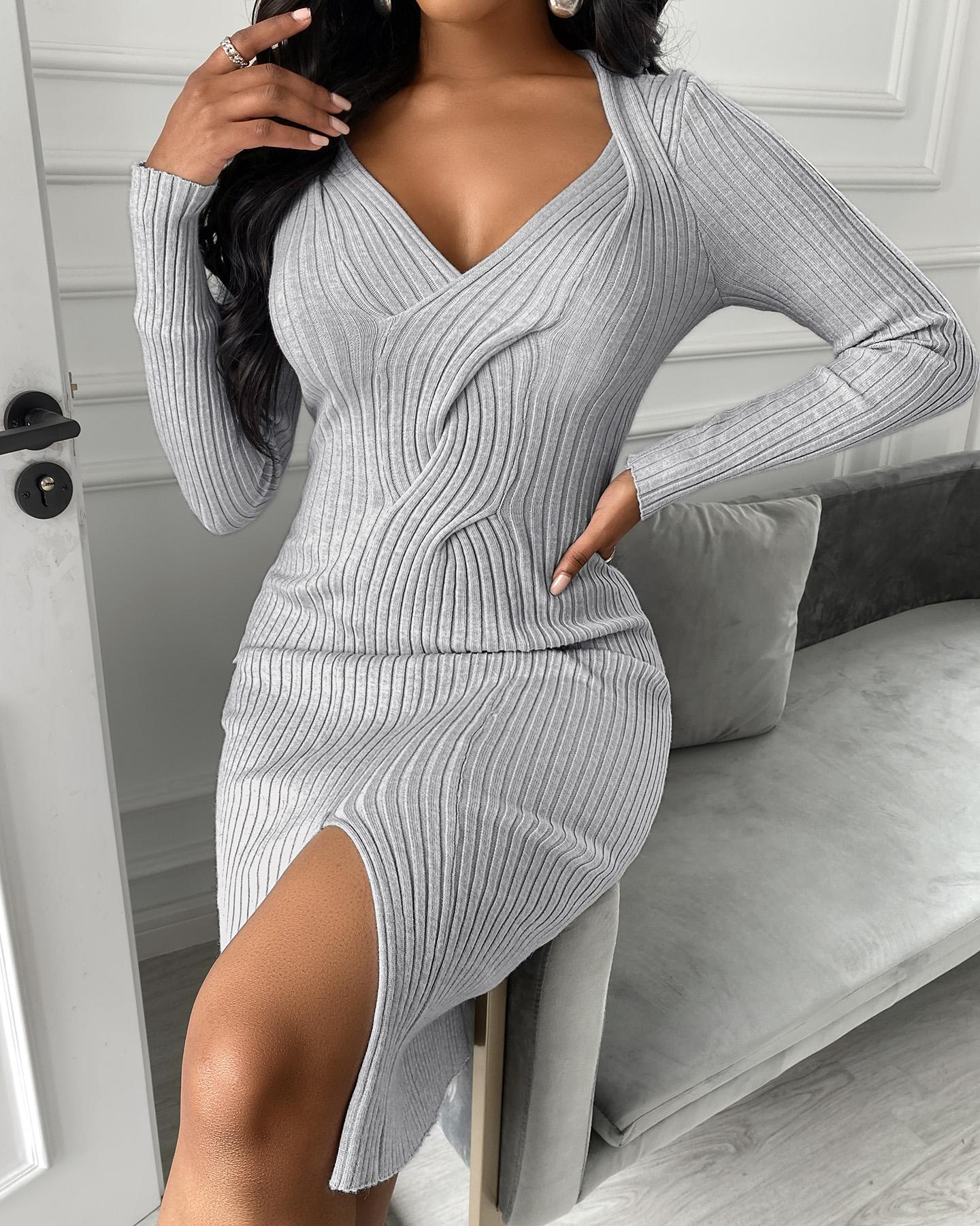 

Twisted Slit Long Sleeve Dress, Gray