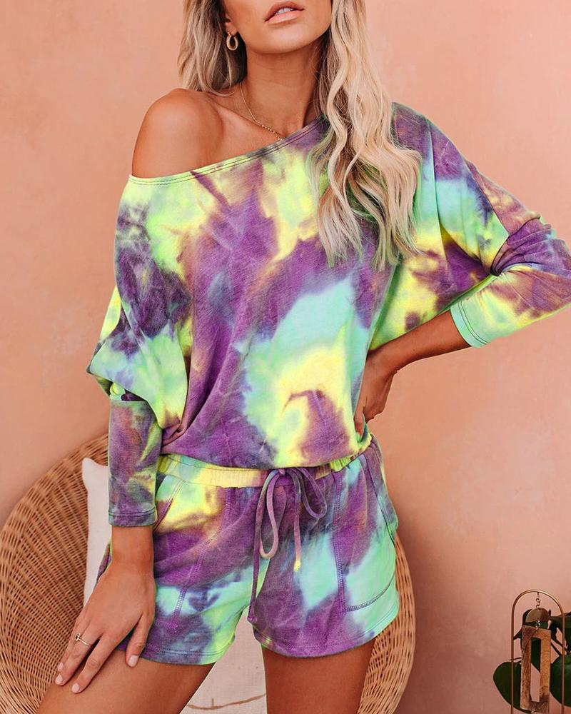 

Tie Dye Print Long Sleeve Top & Drawstring Shorts Set, Purple