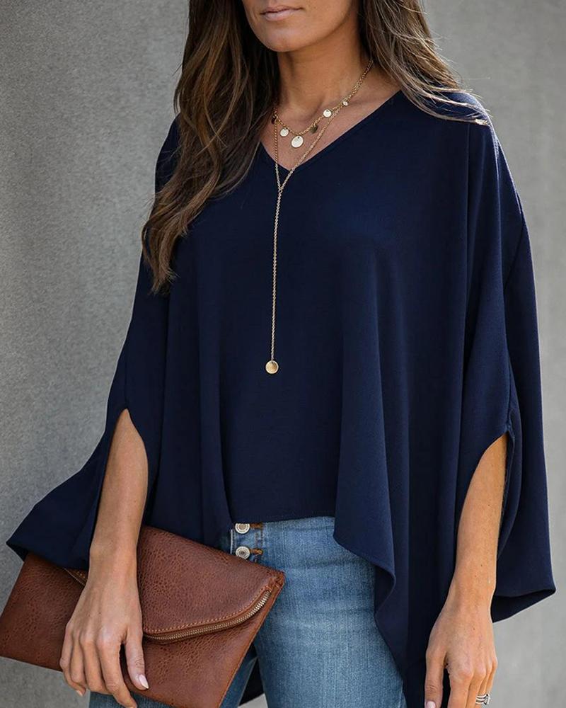 

Solid V-neck Batwing Sleeve Blouse, Dark blue