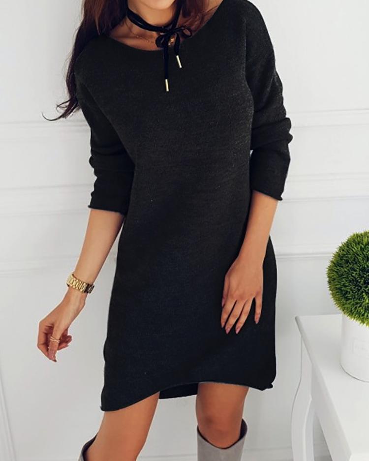 

Solid Crew Neck Long Sleeve Casual Mini Dress, Black