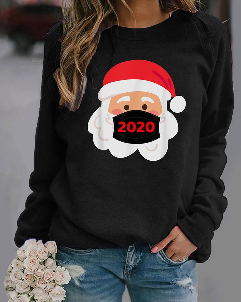 

Christmas Santa Print Long Sleeve Top, Black