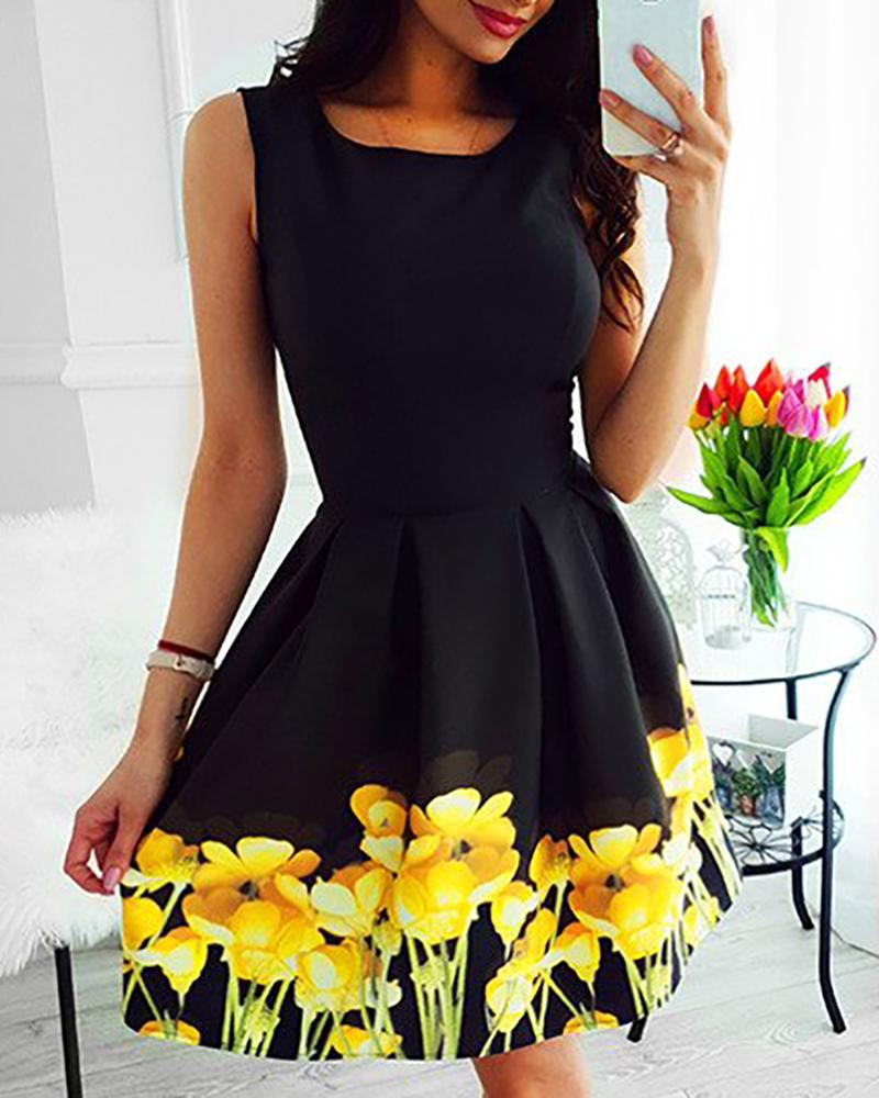 

Floral Print Sleeveless High Waist Dress, Black