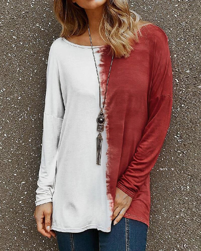 

Colorblock Backless Long Sleeve Casual T-Shirt, Red