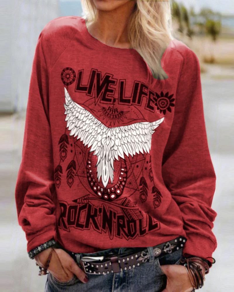 

Letter Eagle Print Long Sleeve Top, Wine red