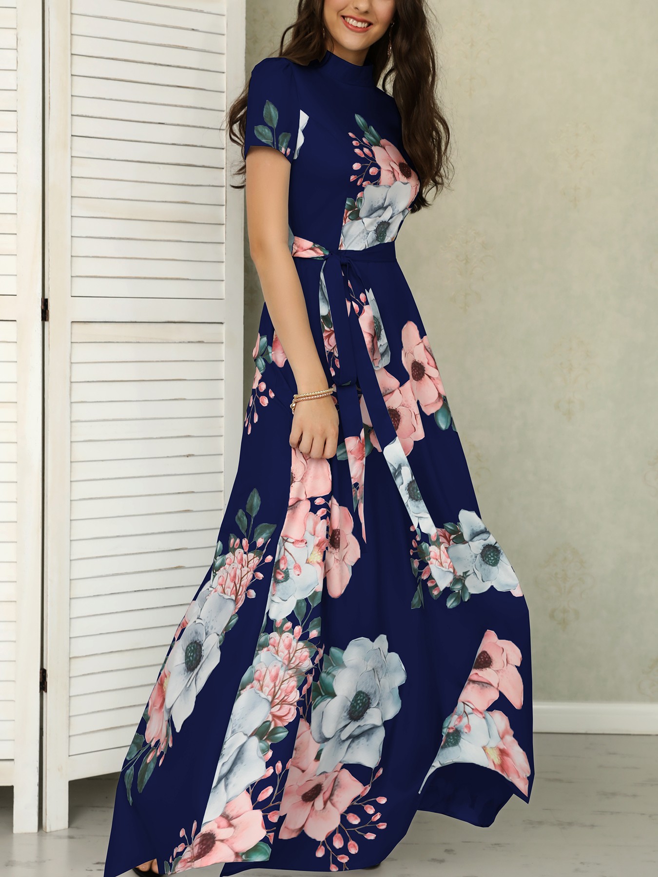 floral print short sleeve tie waist maxi dress