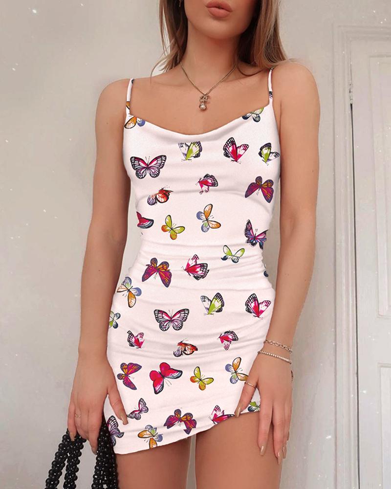 

Square Neck Butterfy Print Dress, White