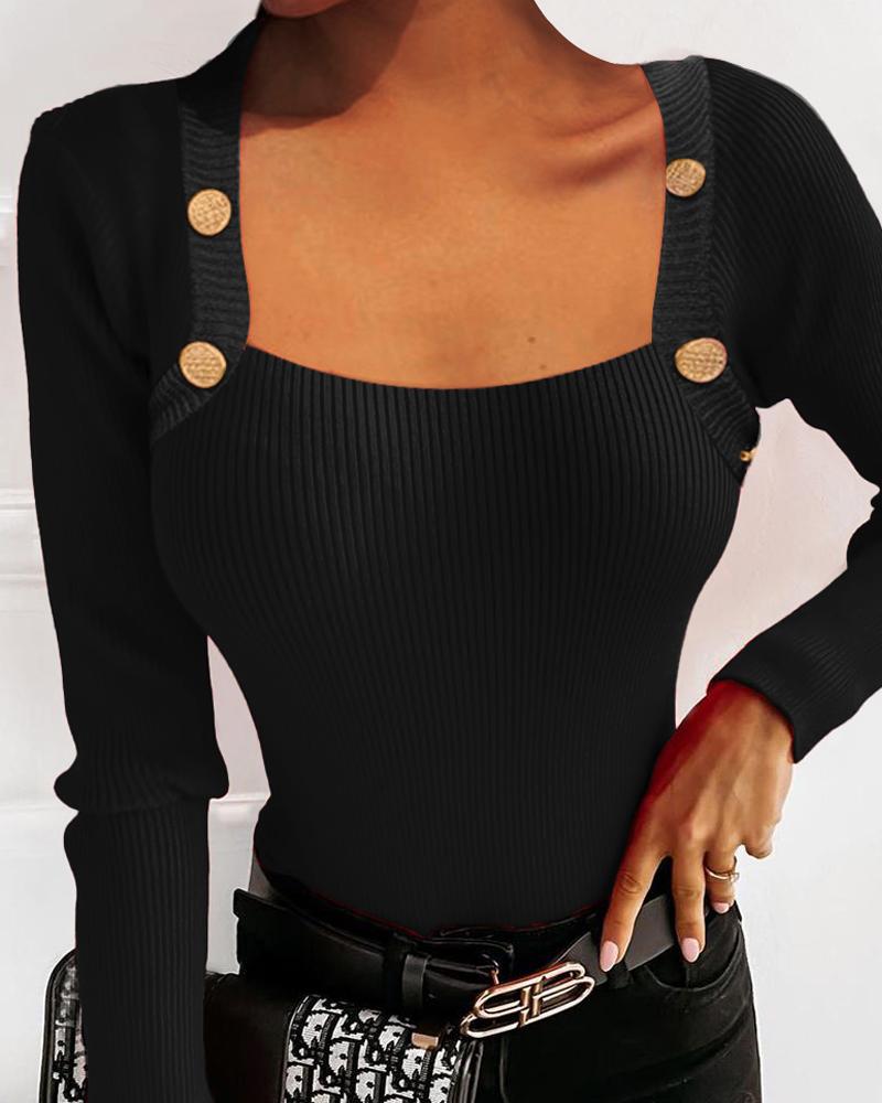 

Button Design Long Sleeve Knit Sweater, Black