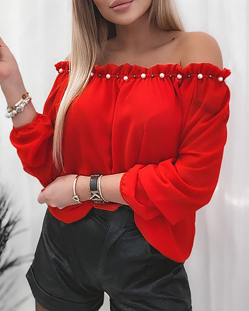

Off Shoulder Frill Hem Beaded Long Sleeve Top, Red