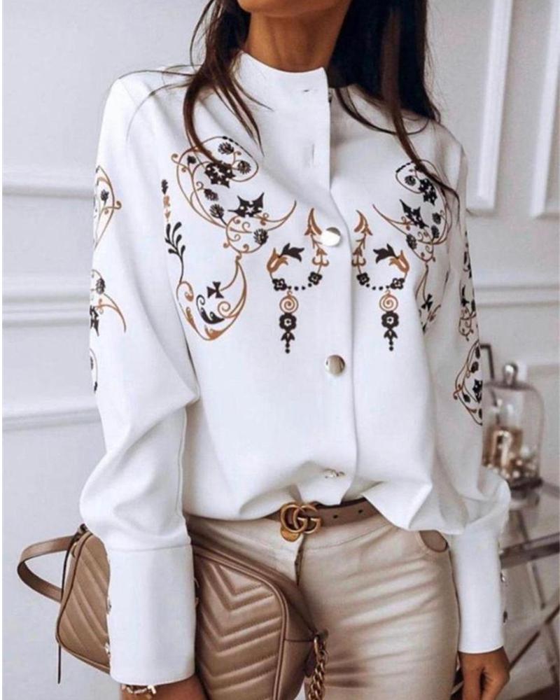 

All Over Print Single-breasted Long Sleeve Shirt, White