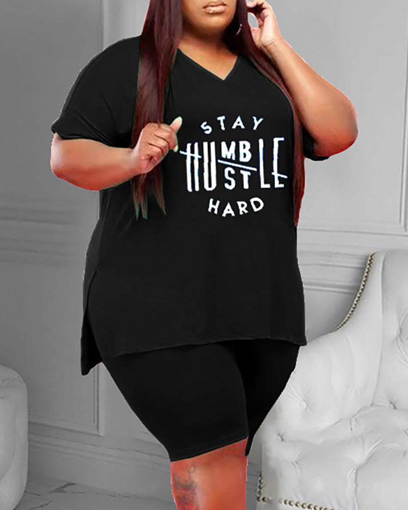 

Plus Size Letter Print Short Sleeve Top & Shorts Set, Black