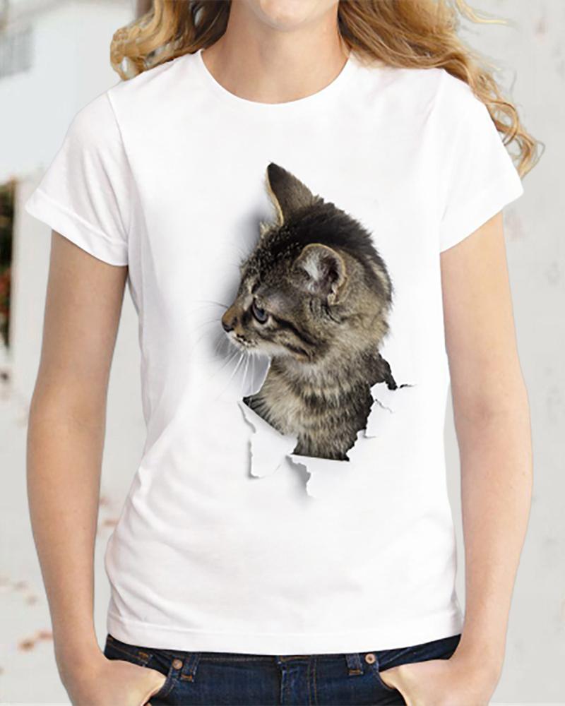 

Cat Print Short Sleeve T-Shirt, Style3