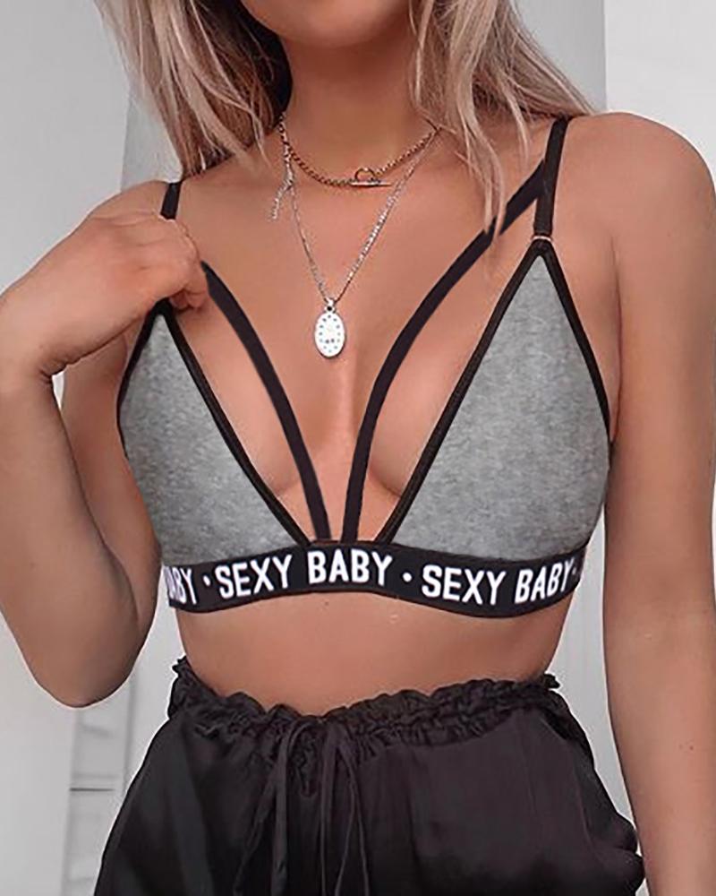 

Letter Strap Cutout Push Up Bra Tank Top Sport Unlined Bralette, Gray