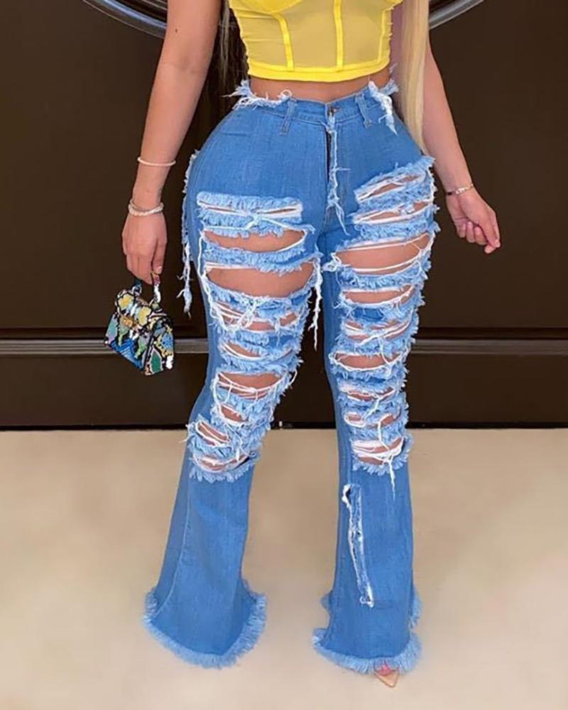 

Ripped Bell Bottom Fringe Hem Denim Pants, Dark blue