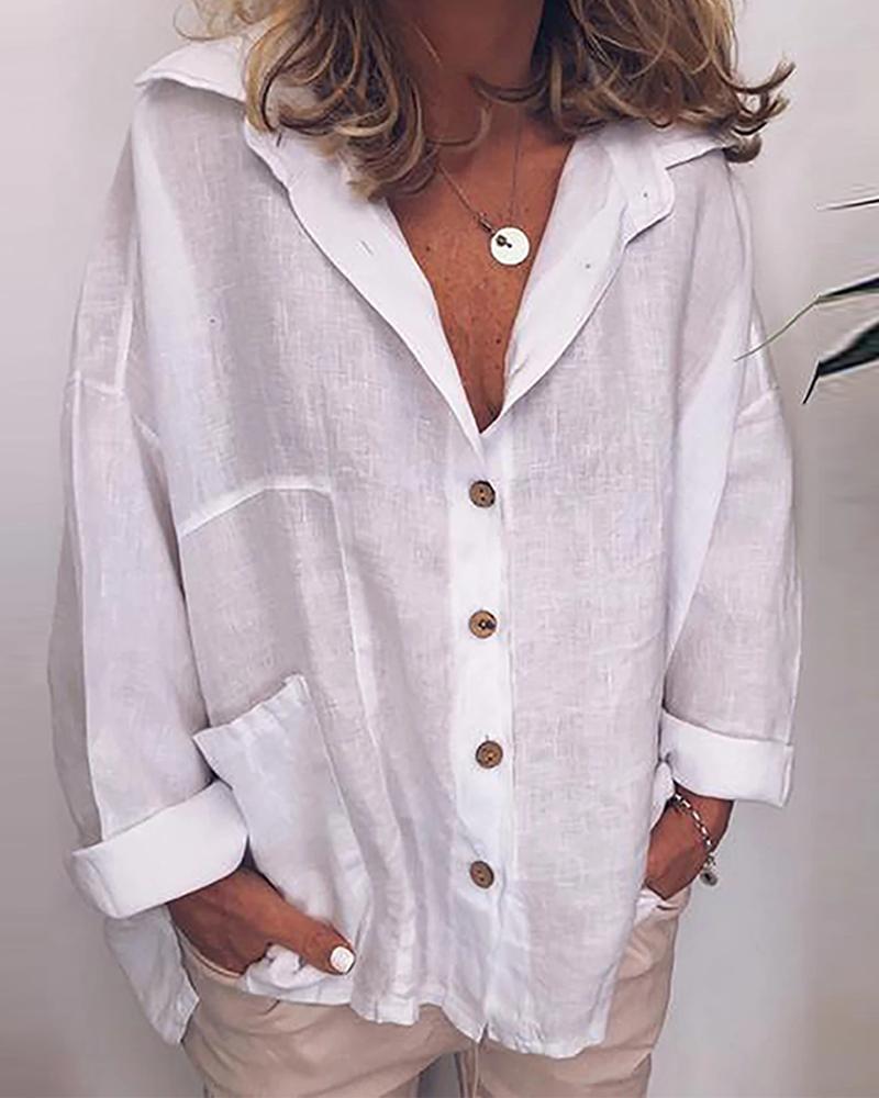 

Solid Loose Fit Button Down Blouse, White