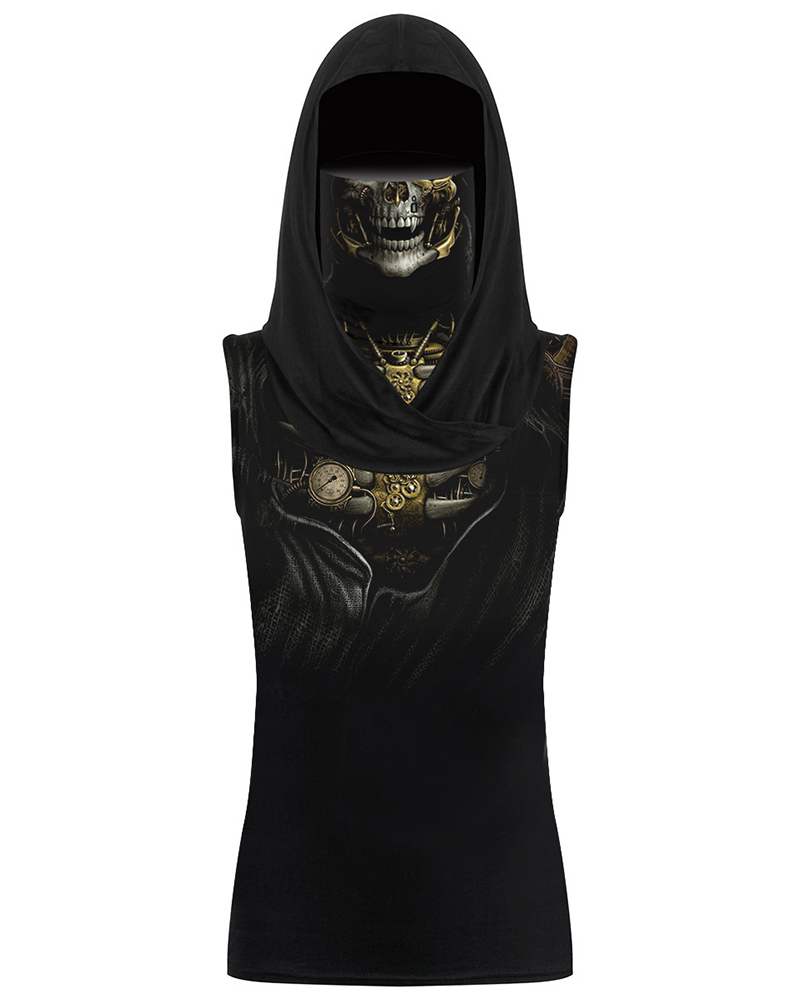 

Skull Print Hooded Tank Top With Ear Loop Face Bandana, Black