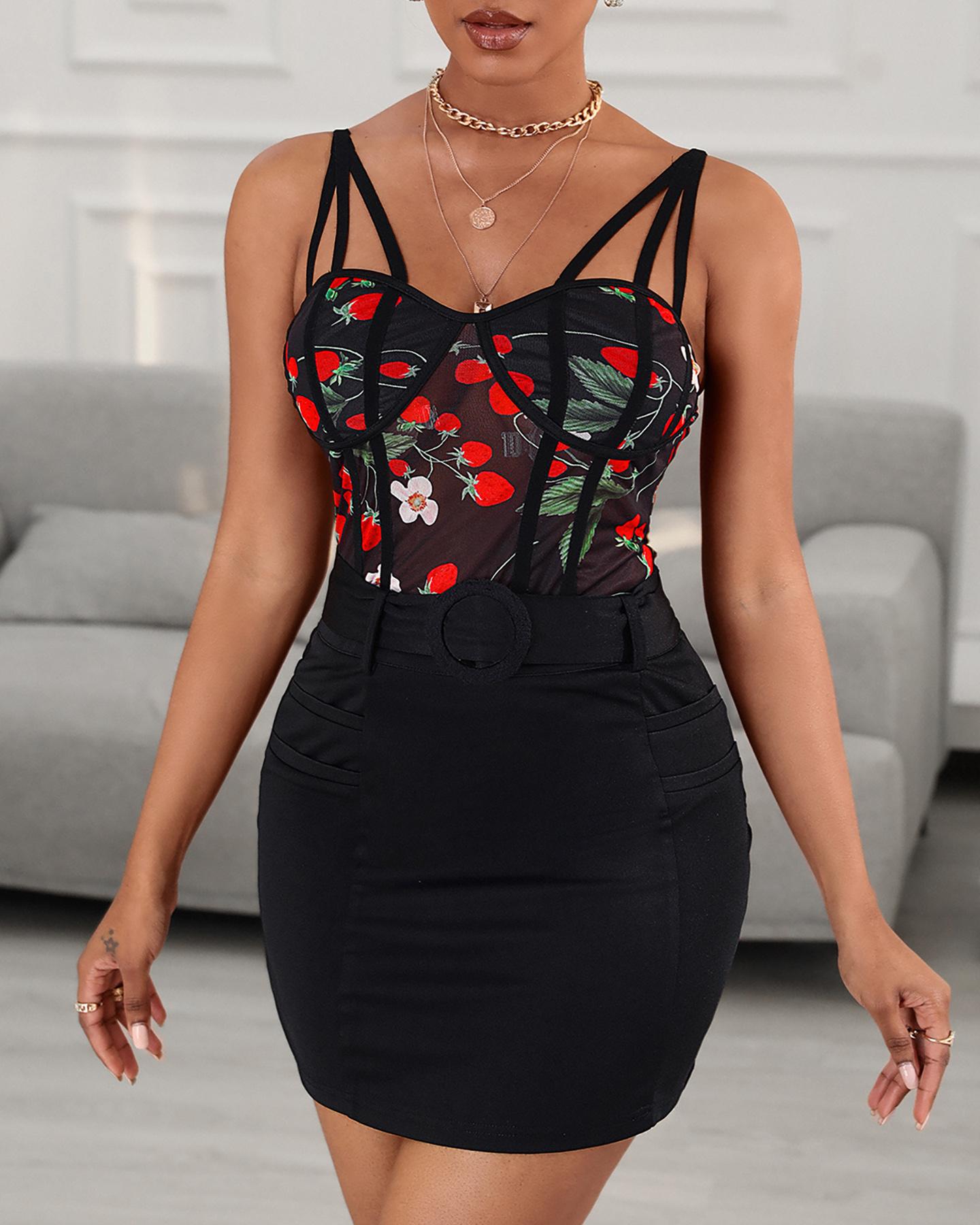 

Spaghetti Strap Floral Print Top & Skirt Set, Black