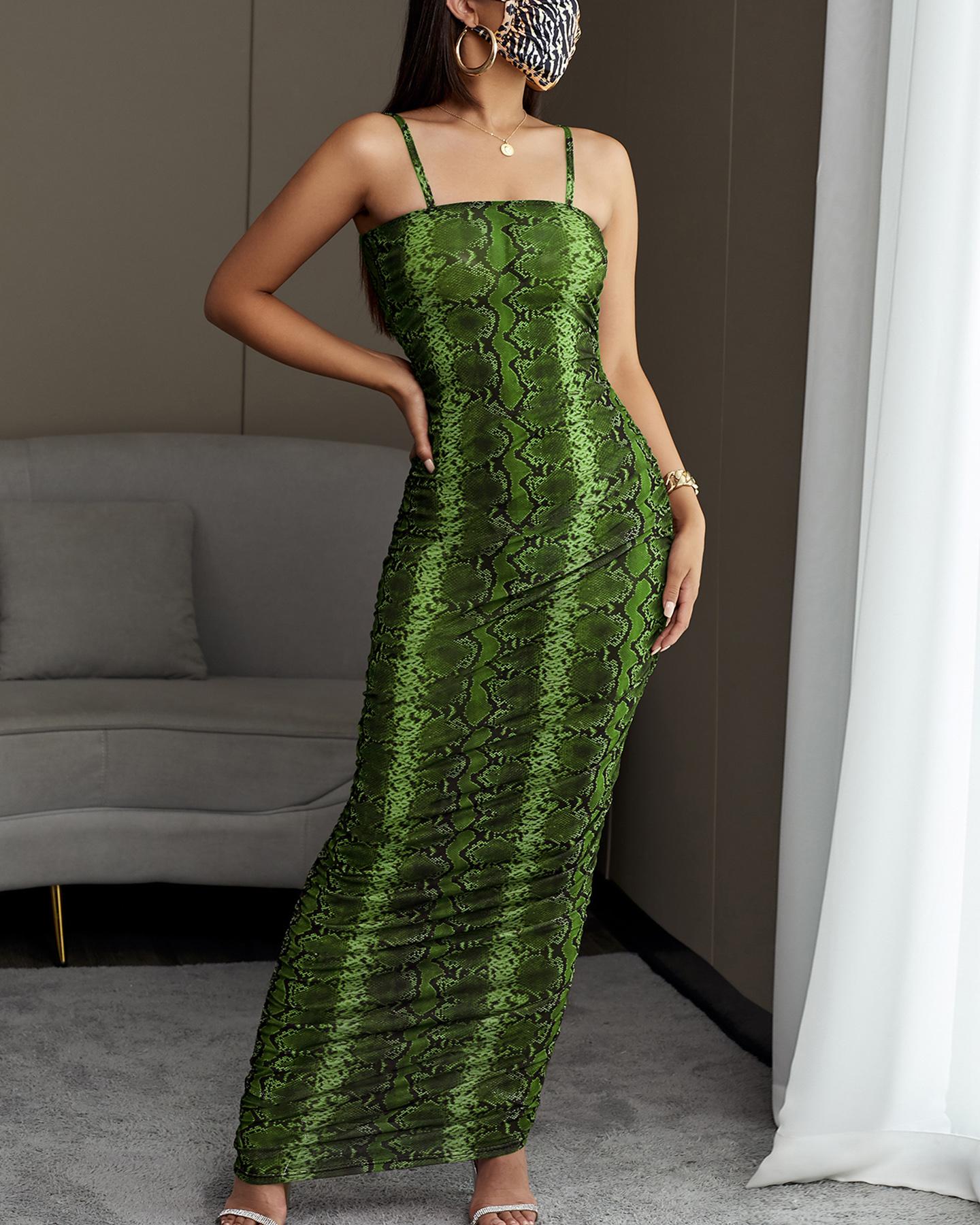 

Snakeskin Print Spaghetti Strap Dress, Green