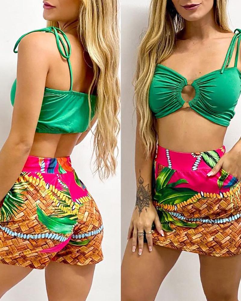 

O-Ring Crop Top & Tropical Print Pocket Design Skirt Set, Green