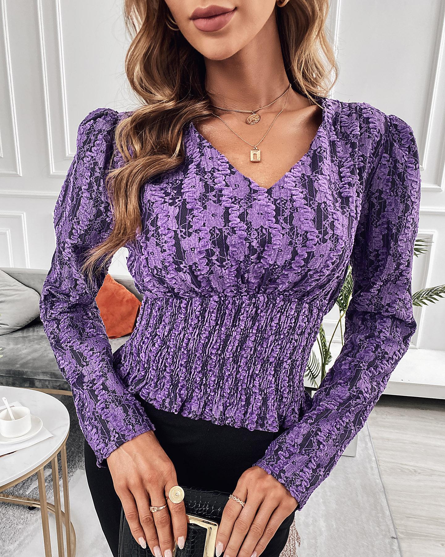 

Puff Sleeve Shirring V-Neck Top, Purple