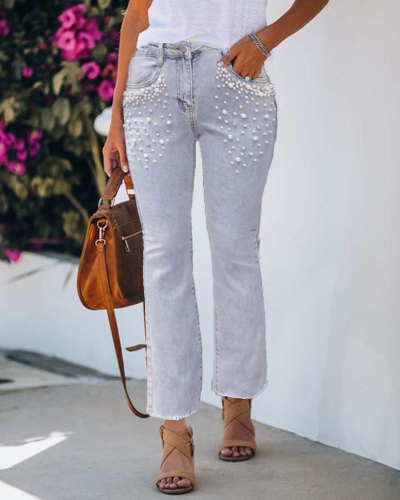 

Beaded Pocket Design Bootcut Jeans, Light blue