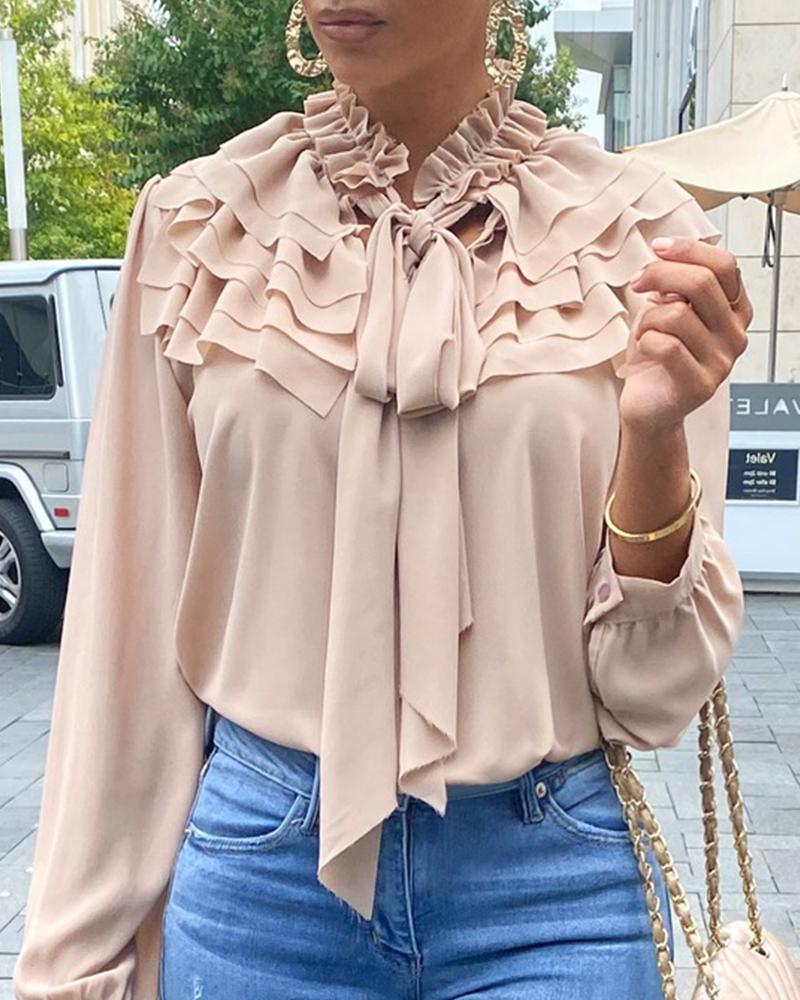 

Ruffle Long Sleeve Lace-up Blouse, Khaki