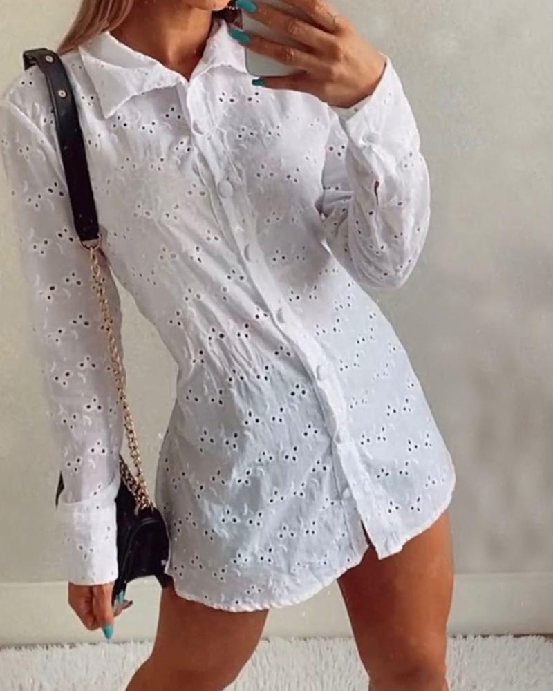 

Plain Hollow Out Long Sleeve Shirt, White