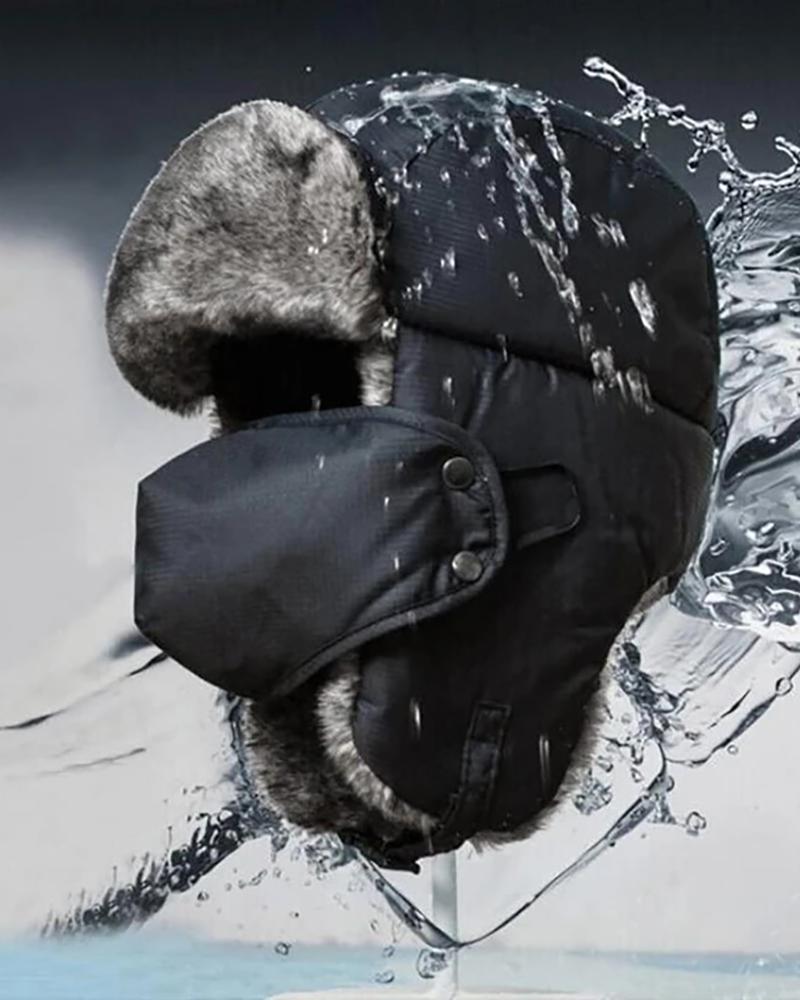 

Colorblock Warm Trapper Windproof Hat With Face Mask, Black