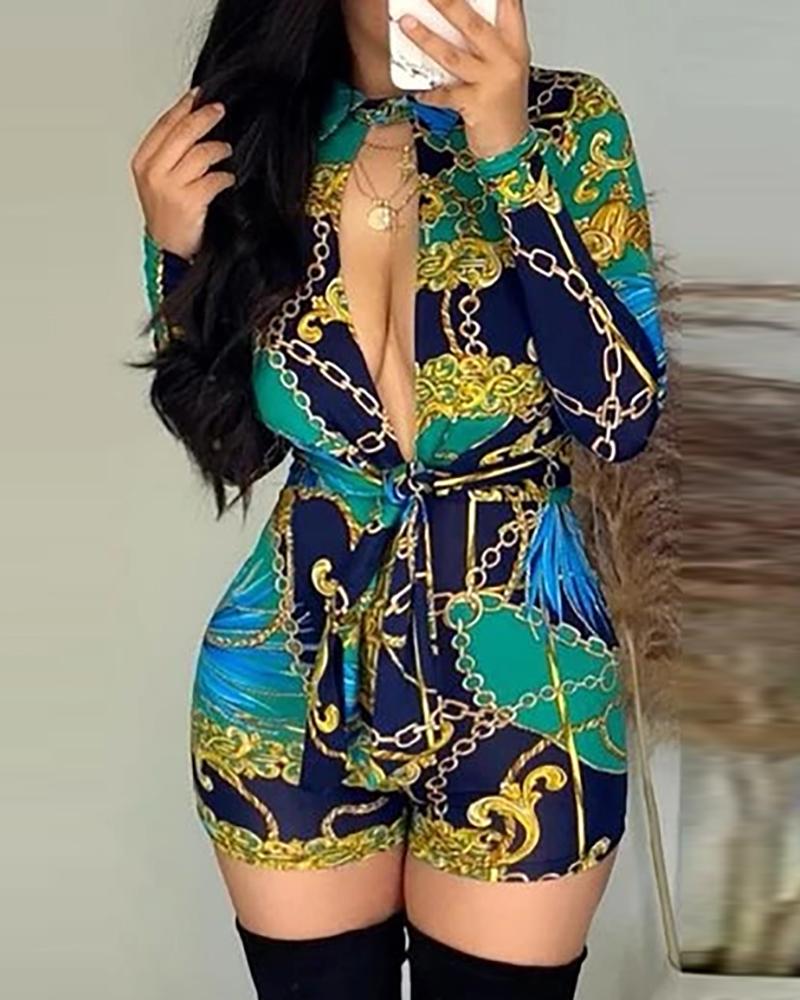 

Scarf / Tropical Print Plunge Romper, Green