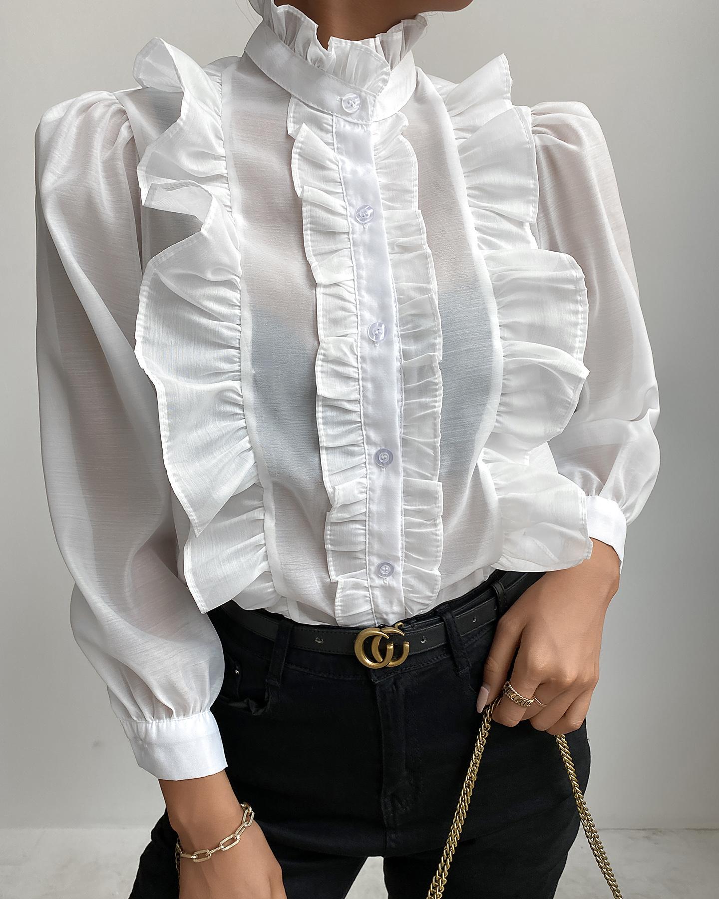 

Puff Sleeve Ruffles Button Front Top, White