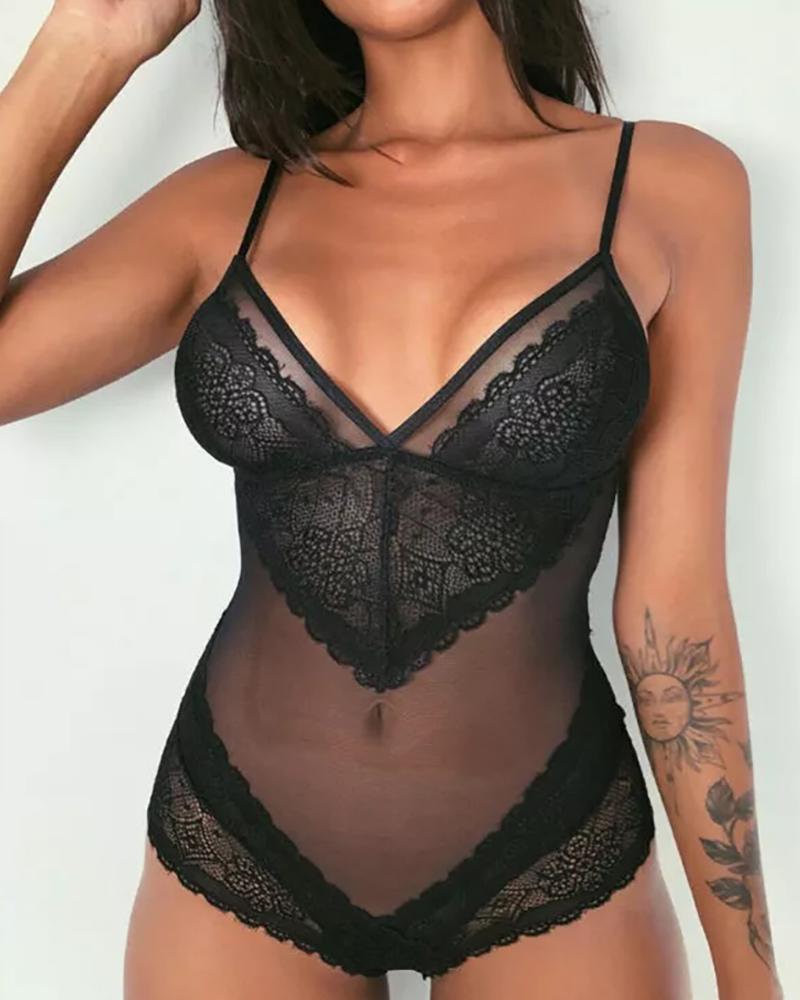 

Sheer Mesh Floral Lace Teddies, Black