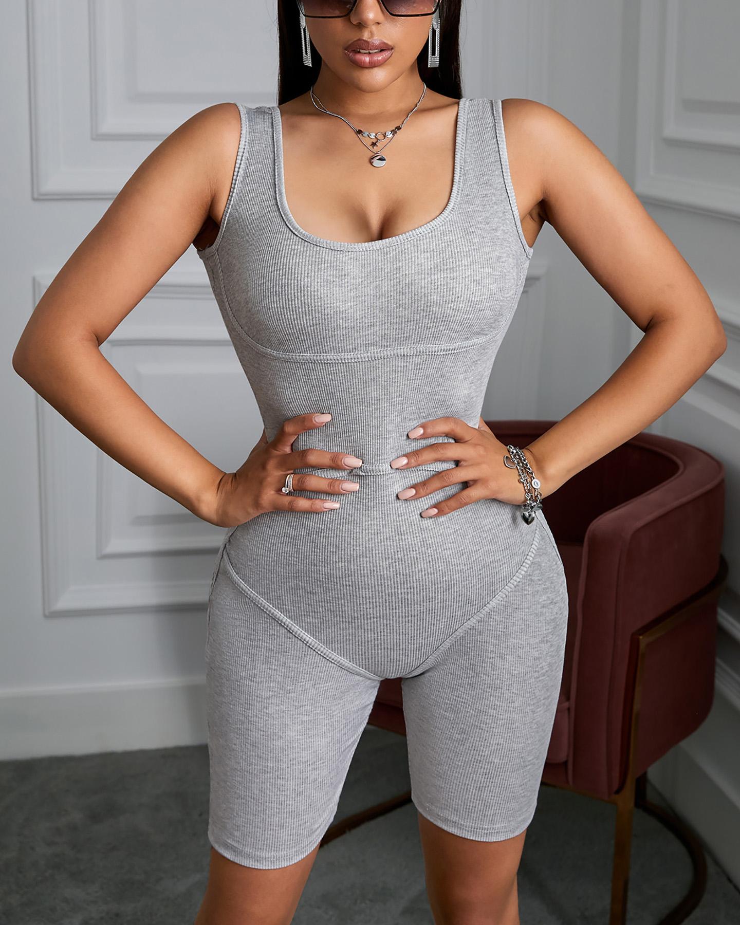 

U-Neck Thick Strap Fitted Romper, Gray