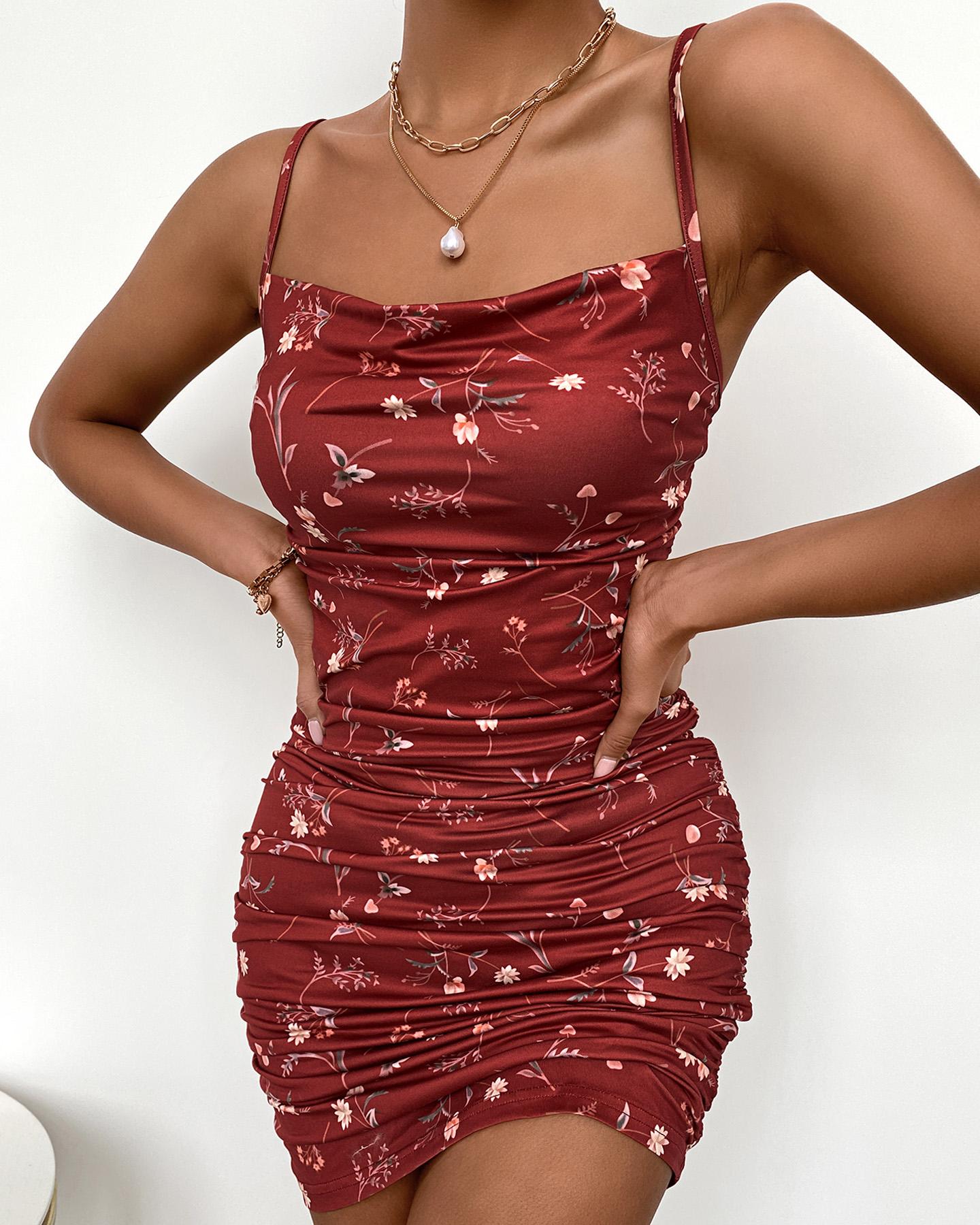 

Floral Print Ruched Spaghetti Strap Dress, Dark red