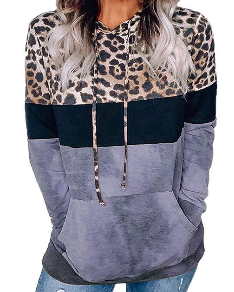 

Cheetah Print Colorblock Pocket Design Casual Hoodie, Blue